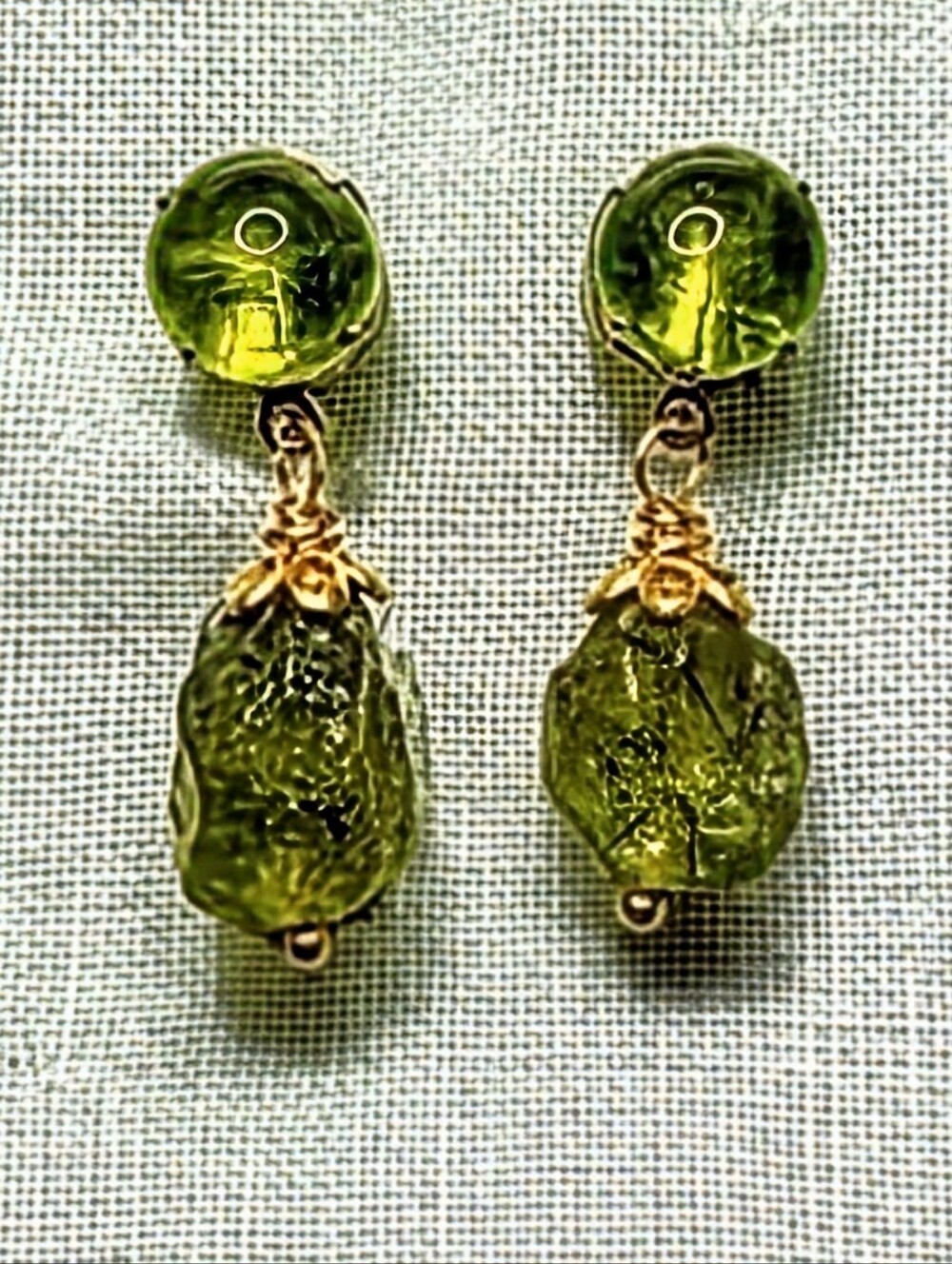 Natural  Peridot Genuine 4 Carats & Rough Peridot In Drop Gold Plated Earrings